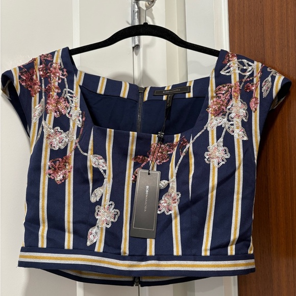 BCBGMaxAzria Crop Top Cap-Sleeve in Striped Floral Sequined Blue Yellow Size M - Picture 8 of 10